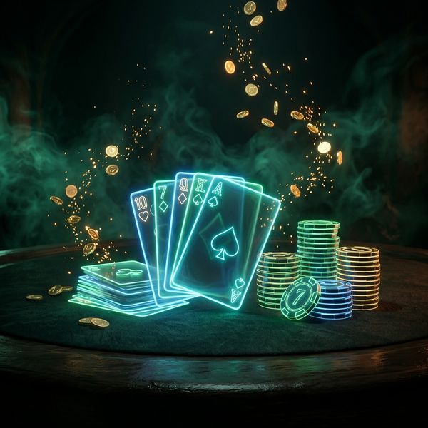 Translucent neon playing cards and chips in emerald haze