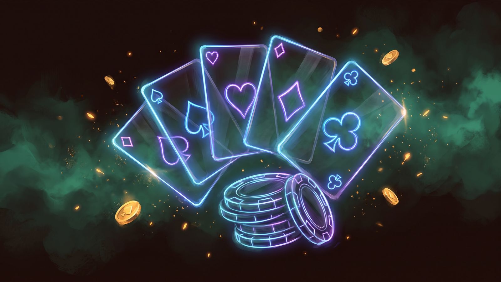 Neon playing cards and chips in emerald haze