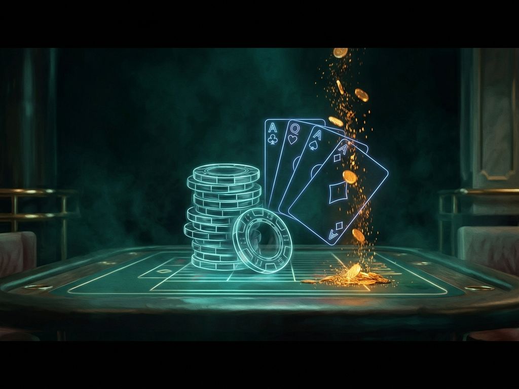Glowing casino chips and cards suspended in emerald haze against dark backdrop