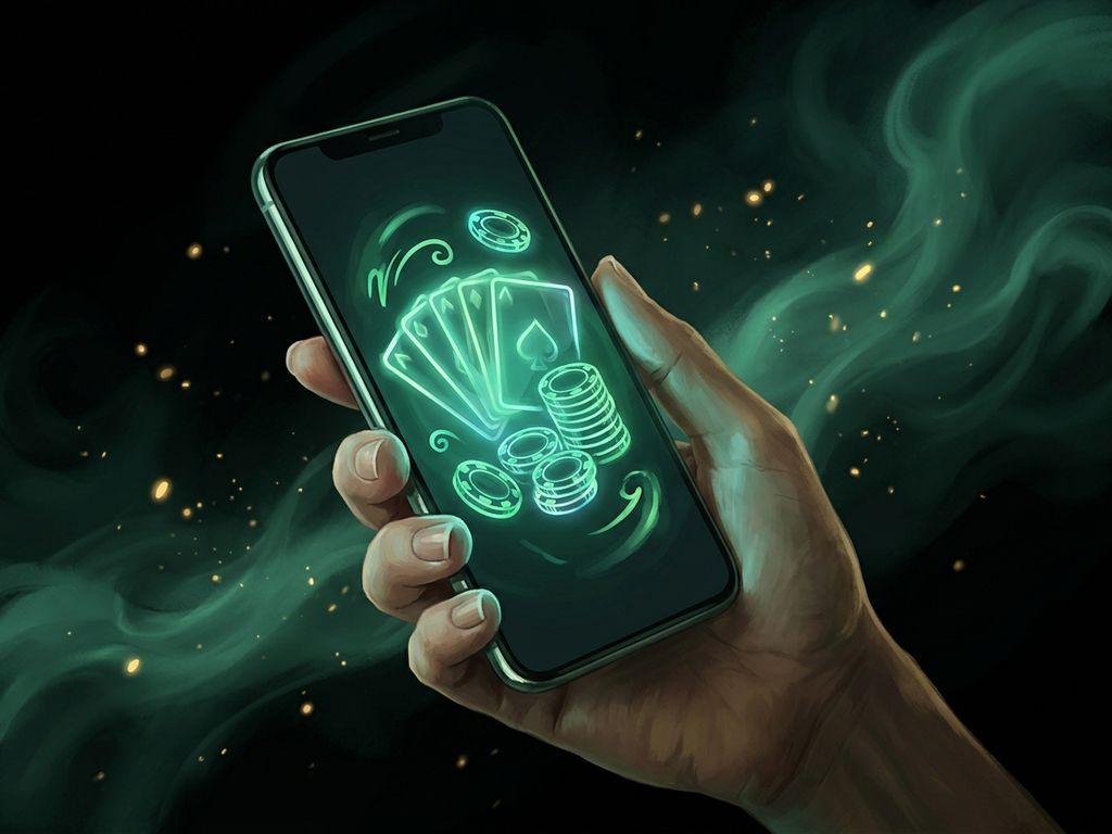 Smartphone displaying casino game with glowing card symbols